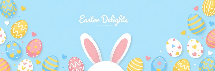 Easter Party Concept with Bunny Ears Colorful Easter Eggs Delicate Spring Flowers on a Pastel Blue Background with Copy Space for Festive Designs Greeting Cards and Holiday Invitations. Easter Holiday