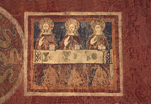 rappresentazione della Trinit&agrave; con simboli eucaristici; affresco nella "Casa del Pellegrino" a Civate (Lecco)