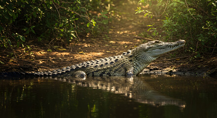 Obraz premium Magnificent crocodile basking near a tranquil waterhole under the morning sun