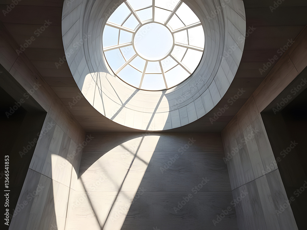 Poster modern architecture interior view of a building with a round skylight casting shadows.