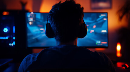 A gamer at a computer in a dark room

