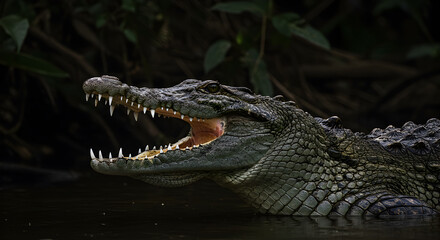 Obraz premium Menacing crocodile with jaws agape displays formidable teeth in dark water