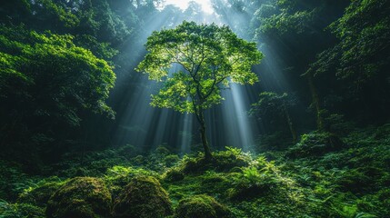 Lush green forest with sunlight