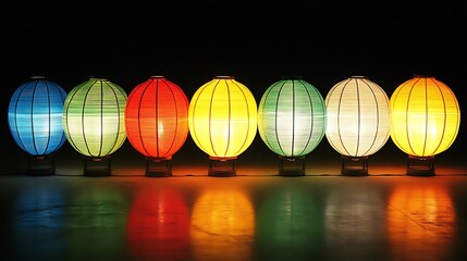 Colorful round lanterns display a spectrum of vibrant illuminated hues