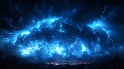 A stunning capture of a powerful storm with electric blue clouds, creating a dramatic and awe-inspiring scene