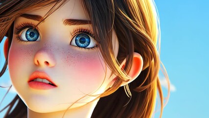 D animated fantasy girl blends soft realism and cartoon charm, capturing beach vibes with stunning detail.