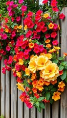 Vibrant garden blooms spilling over weathered wood fence, detail, closeup, fragrance