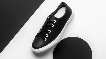 Obraz premium Minimalist black-and-white sneakers displayed with geometric shapes.