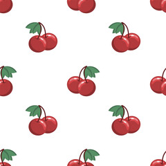 Seamless pattern, colorful cherries on twigs with leaves. Print, fruit background, textile