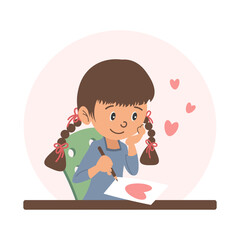Cute little girl drawing hearts. Children's illustration