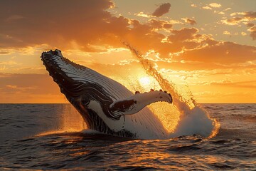 Humpback whale breaching against golden sunset sending massive splash into ocean magnificent specie once devastated commercial whaling seen dramatic population increase due marine conservation effort