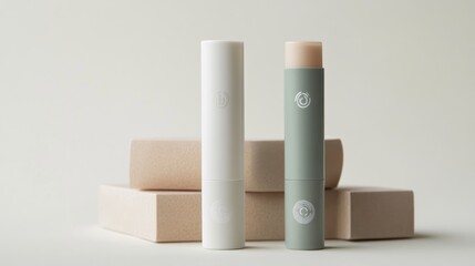 Minimalist lip balm tubes with elegant, sleek branding in neutral pastel shades.