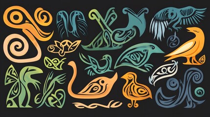 Naklejka premium Celtic Style Cartoon Animals and Birds Depicted Abstractly for Creative Projects