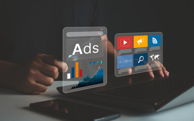 Digital marketing client communication concept, ad, product ads, product service promotion. Online...