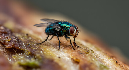 Vibrant iridescent fly poised on decaying organic matter in detailed macro shot
