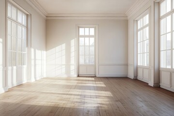Fototapeta premium Empty Room with Sunlight Streaming Through Windows and Wooden Flooring