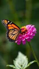Naklejka premium A monarch butterfly delicately perched on a vibrant wildflower, its wings partially open, close-up, meadow