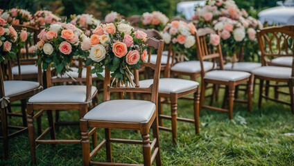 Obraz premium Chairs with rose bouquets for a wedding.