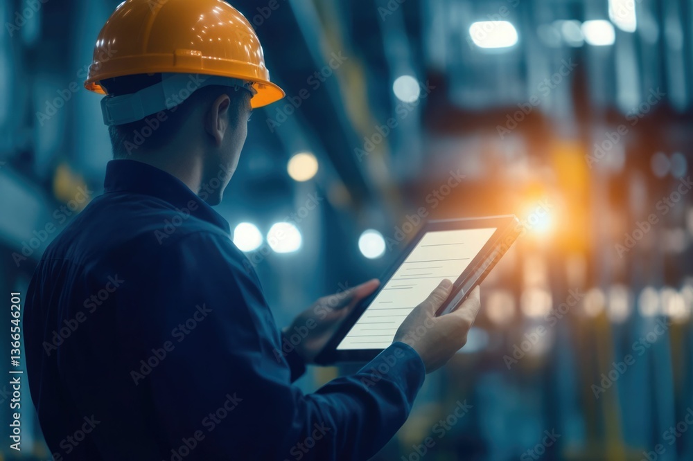 Poster civil engineer or architect with hardhat on construction site checking schedule on tablet computer