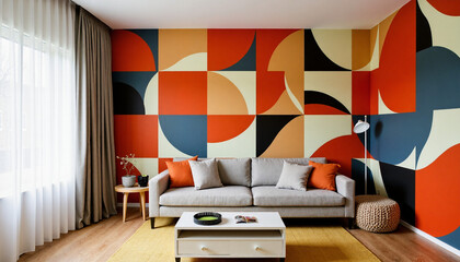 Modern living room with colorful geometric wall design  