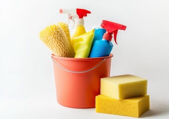 Colorful cleaning supplies in bucket