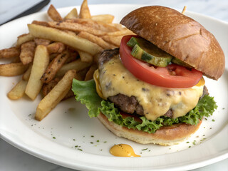 Classic Cheeseburger with French Fries: American Fast Food Meal