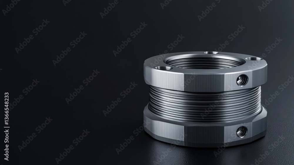 Poster close-up of metallic threaded connector on dark background for industrial and mechanical application