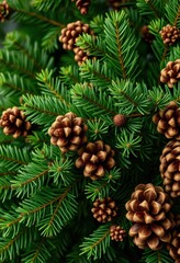 Deep green fir branches and brown pine cones, rustic Christmas background, evergreen, rustic