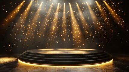 A Stunning Black Stage Lit by Golden Lights with a Circular Platform for Performances and Events