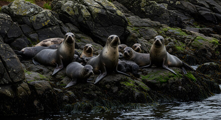 A Group of South American Sea Lions basking on rocky shoreline, looking vigilant
