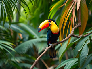 Obraz premium Colorful Toucan Bird Perched on Branch in Tropical Rainforest, Exotic Wildlife, Nature, Birds, Green Leaves