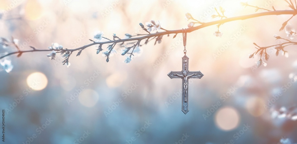 Poster a cross hanging on a willow branch, with a spring background and ample copy space the color palette 