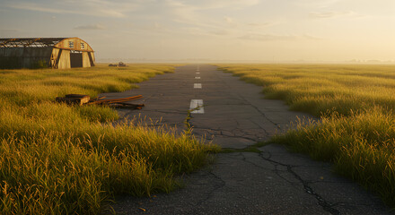 Forgotten runway: Prairie grasses reclaiming an abandoned airfield at dusk ambiance