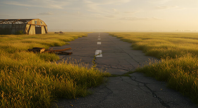 Forgotten runway: Prairie grasses reclaiming an abandoned airfield at dusk ambiance