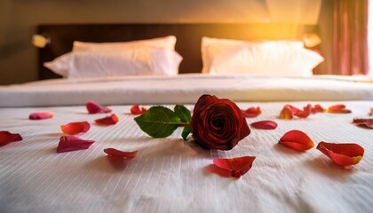 GeneraRose on the bed in the hotel rooms. Rose and her petals on the bed for a romantic evening