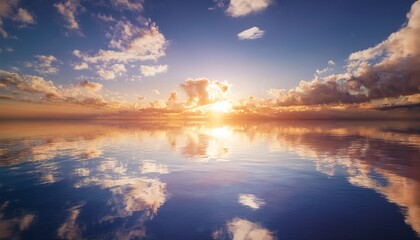 Fototapeta premium Spectacular abstract image of a scenic calm ocean, sunrise sky reflecting in the water. Suns
