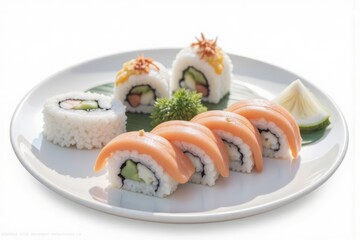 Sushi Platter: Fresh Salmon Rolls, Maki, and Uramaki with Rice and Avocado on Plate
