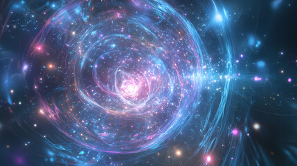 Quantum entanglement network hub users seamlessly connecting across cosmic distances. Mystic Radiance. Illustration