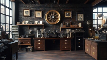 Retro photography studio setting with old film cameras, reels, and a darkroom setup.