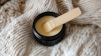 Rich, nourishing hair butter in an open jar with a wooden spatula on a soft background.