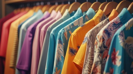 Obraz premium A vibrant display of colorful tropical shirts hanging in a retail store, showcasing diverse patterns and styles