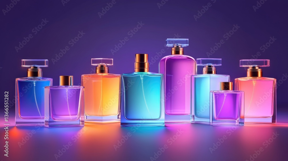 Poster scent layering concept with multiple perfume bottles and a gradient lighting effect.