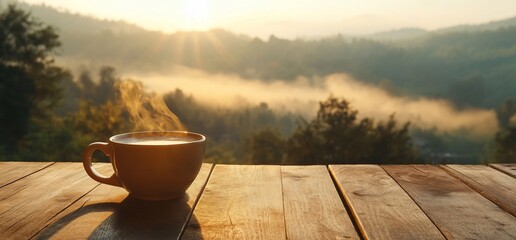 Hot coffee cup on rustic wooden table overlooking foggy mountain sunrise