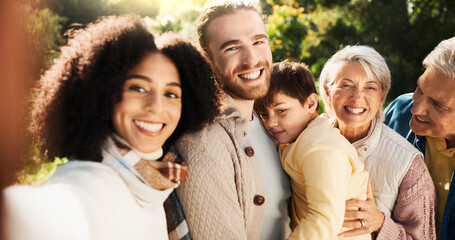 Selfie, park and parents with child and grandparents for bonding, relationship and relax together. Nature, happy family and mom, dad and kid embrace outdoors for love, affection and care on weekend