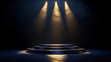 Obraz premium Dark Blue Stage with Gold Spotlight Illuminating Shiny Surface and Smooth Lines in a Dramatic Setting