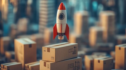 Rocket launch on packages for delivery and shipping business startup and fast delivery service concept