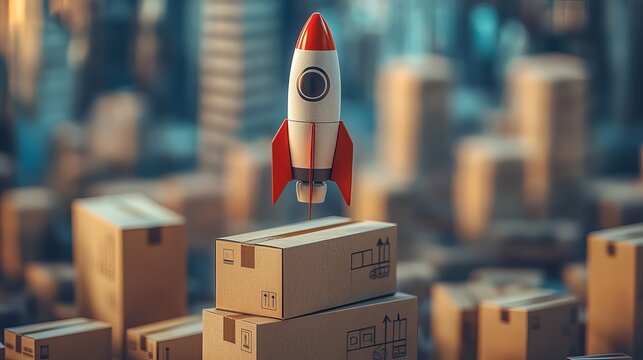 Rocket launch on packages for delivery and shipping business startup and fast delivery service concept