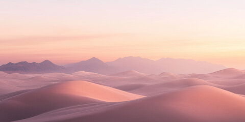 Obraz premium Pink desert dunes at sunset with pastel sky and soft mountain silhouettes 