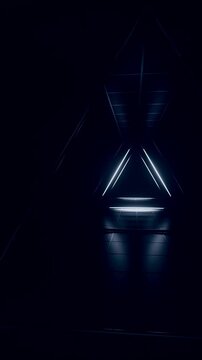 Abstract blue white futuristic background. Space from glowing neon light tubes of astera on black background. Technology, VJ concept. Tunnel interior view from a triangle. Led lamp. 3d loop animation