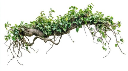 A lush green vine with twisting branches and leaves, showcasing nature&rsquo;s beauty against a white background